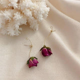 Momentlover Preserved Rose Bud Raindrop Flower Drop Stud Earrings