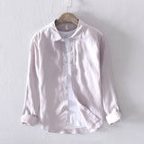 Pure Linen Shirts for Men Long Sleeve Casual Turn-down Collar Basic Classic Tops Male Fashion Solid Color Retro Clothing
