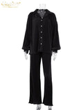 - Clacive Causal Loose Home Suit Autumn Long Sleeve Blouse With High Wasit Pants Set Women Elegant Pleated Beige 2 Piece Pant Sets