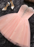 lemongor Pink Sweetheart Beaded Tulle Short Party Dress, Cute Formal Dresses , Woman Formal Dresses