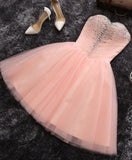 lemongor Pink Sweetheart Beaded Tulle Short Party Dress, Cute Formal Dresses , Woman Formal Dresses