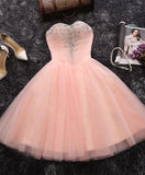 lemongor Pink Sweetheart Beaded Tulle Short Party Dress, Cute Formal Dresses , Woman Formal Dresses