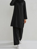 Momentlover Solid Color Long Sleeves Pockets Split-Side Round-Neck Shirts Top + Pants Bottom Two Pieces Set