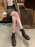 Momentlover Zipper Split-Joint Round-Toe Belt Buckle Boots