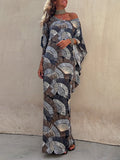 Momentlover Printed Pleated Contrast Color Batwing Sleeves Maxi Dresses