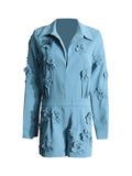 Momentlover Three-Dimensional Flower Solid Color Loose Long Sleeves V-Neck Rompers