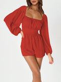 Momentlover Tied Solid Color Elasticity Backless Puff Sleeves Loose Square-Neck Rompers