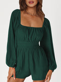 Momentlover Tied Solid Color Elasticity Backless Puff Sleeves Loose Square-Neck Rompers