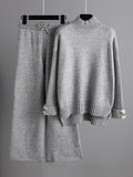 Momentlover Urban Long Sleeves Solid Color Half Turtleneck Sweater Tops & Wide Leg Pants Two Pieces Set