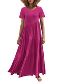 Momentlover Casual Short Sleeves Loose Solid Color Round-Neck Maxi Dresses