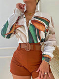 Momentlover Deep V-Neck Long Sleeves Buttoned Print Shirts Top +Belted Shorts Bottom Two Pieces Set