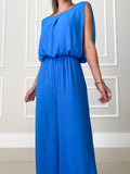 Momentlover Solid Color Hollow Backless Wide Leg High-Low Round-Neck Jumpsuits Bottoms