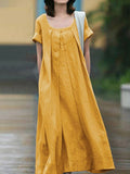 Momentlover Simple Solid Color U-Neck Pleated Short Sleeves Maxi Dress