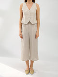 Momentlover Solid Color Deep V-Neck Sleeveless Buttoned Vest Top + Pleated Straight Leg Pants Bottom Two Pieces Set
