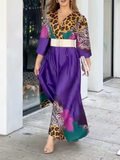 Momentlover Long Sleeves Loose Leopard V-Neck Maxi Dresses