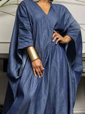 Momentlover Batwing Sleeves Loose Solid Color Split-Joint V-neck Maxi Dresses