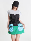 Momentlover Stylish Selection Short Sleeves Loose Drawstring Split-Joint Round-Neck Mini Dresses