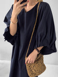 Momentlover Causal Plus Size Pleated Raglan Sleeve V-Neck Midi Dress