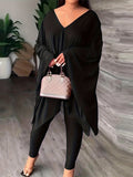 Momentlover Batwing Sleeves Loose Solid Color V-Back V-Neck Shirts Tops&Pants Two Pieces Set