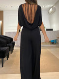 Momentlover Split-Joint Solid Color Pleated Elasticity Backless Sleeveless High Waisted Jumpsuits