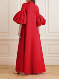Momentlover Loose Flower Shape Solid Color Stand Collar Lantern Sleeves Maxi Dresses