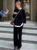 Momentlover Casual Loose Solid Color Round-Neck Sweater Tops & Wide Leg Pants Suits