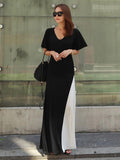 Momentlover Black&White Split-joint V-neck Long Dress