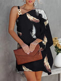 Momentlover Batwing Sleeves Hollow Printed One-Shoulder Mini Dresses