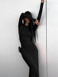 Momentlover Split-Side Solid Color Long Sleeves Bodycon Round-Neck Maxi Dresses