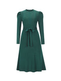 Momentlover Tied Waist Solid Color Long Sleeves High Waisted Round-Neck Sweater Dresses Midi Dresses