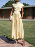 Momentlover Solid Color Pleated Belly-Hollow Cap Sleeve Stand Collar Maxi Dresses