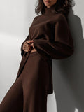 Momentlover Casual Solid Color Irregularity High-Neck Sweater& Wide Leg Pants Suits
