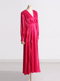 Momentlover Zipper Split-Side Buttoned Puff Sleeves Loose Deep V-Neck Maxi Dresses