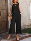 Momentlover Loose Sleeveless Pockets Solid Color Round-Neck Vest Top&Pants Two Pieces Pants Set