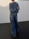Momentlover Asymmetric Boat Neck Fringed Vest Top+ Belted High Waisted Jeans Bottom Two Pieces Set