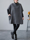 Momentlover Simple Solid Color Knitting Short Sleeves High-Neck Mini Dress