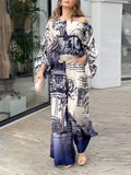 Momentlover Printed Wide Leg Puff Sleeves Off-the-shoulder Two-Piece Sets Pants Blouses