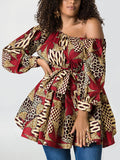 Momentlover Tied Waist Flower Print Elasticity Three-Quarter Sleeves Puff Sleeves One-Shoulder Mini Dresses