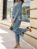 Momentlover Split-Side High-Low Long Sleeves Contrast Color Round-Neck Sweater Top + Pants Bottom Two Pieces Set