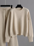 Momentlover Stylish Loose High-Low Long Sleeves Solid Color Round-Neck Sweater Tops& Wide Leg Pants Two Pieces Set