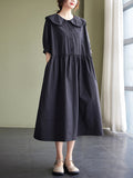 Momentlover Original Loose Solid Color Buttoned Pleated Midi Dress