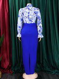 Momentlover Long Sleeves Floral Printed Blouse + Split-Back Solid Color Skirt Two Pieces Set
