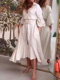 Momentlover Solid Color Pleated Puff Sleeves High-Low V-Neck Maxi Dresses