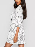 Momentlover Printed Pleated Elasticity Buttoned Plus Size Loose V-Neck Mini Dresses