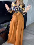 Momentlover Printed Long Sleeves Buttoned Lapel Blouse + Tied Waist Wide Leg Pants Two Pieces Set