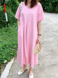 Momentlover Loose Solid Color V-Neck Pleated With Pockets Midi Dresses