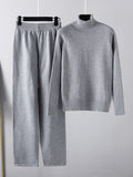 Momentlover Urban Long Sleeves Loose Solid Half Turtleneck Sweater Tops & Wide Leg Pants Two Pieces Set