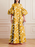 Momentlover Loose Flower Shape Solid Color Stand Collar Lantern Sleeves Maxi Dresses