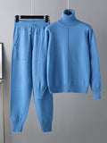 Momentlover Casual Solid Long Sleeves High-Neck Sweater Tops & Drawstring Wide Leg Pants Suits