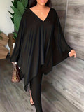 Momentlover Batwing Sleeves Loose Solid Color V-Back V-Neck Shirts Tops&Pants Two Pieces Set